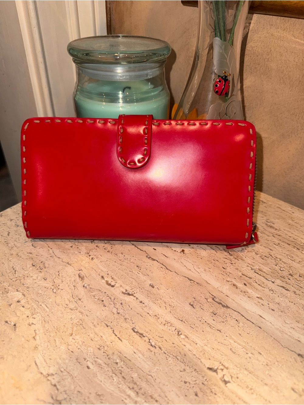 Carla Mancini Smooth Red Leather Wallet with Contrast Stitching